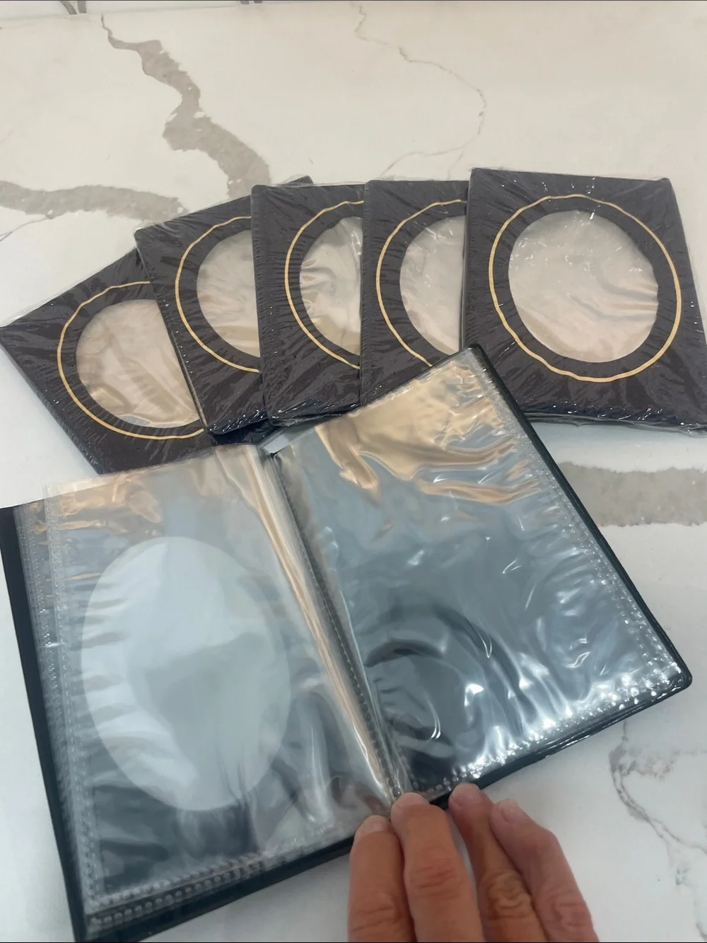 6 Navy Blue plastic photo albums  with Gold Oval Frame